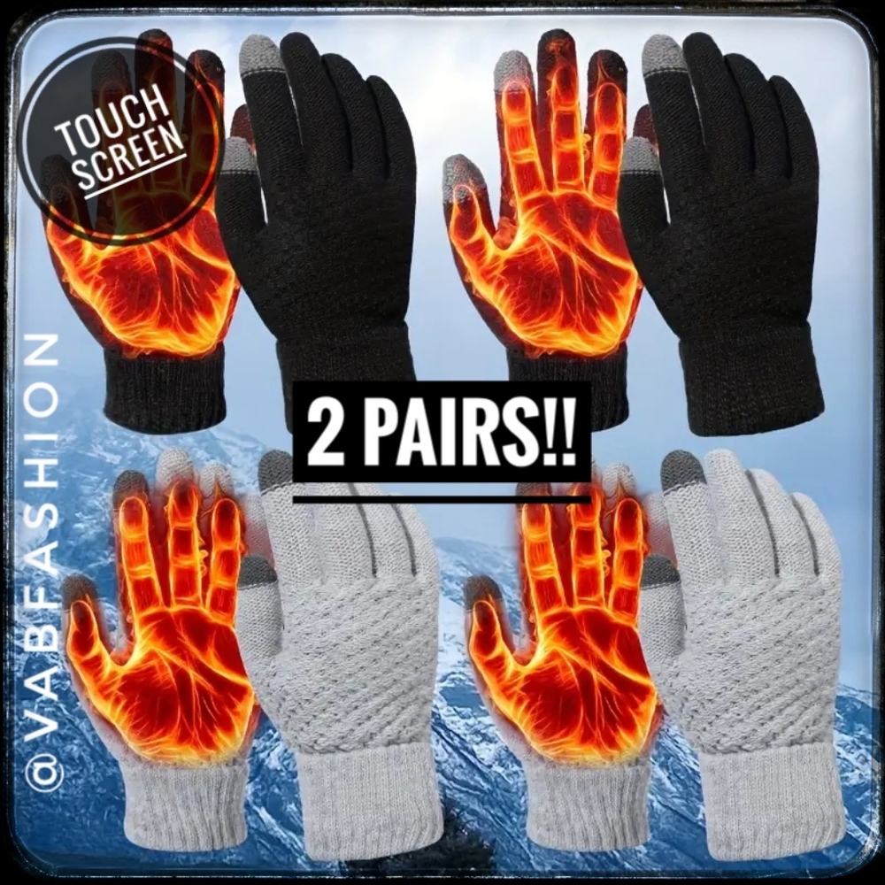 2 PAIRS! WARM TOUCH SCREEN WINTER KNIT GLOVES. 1 SET EACH OF BLACK AND GRAY